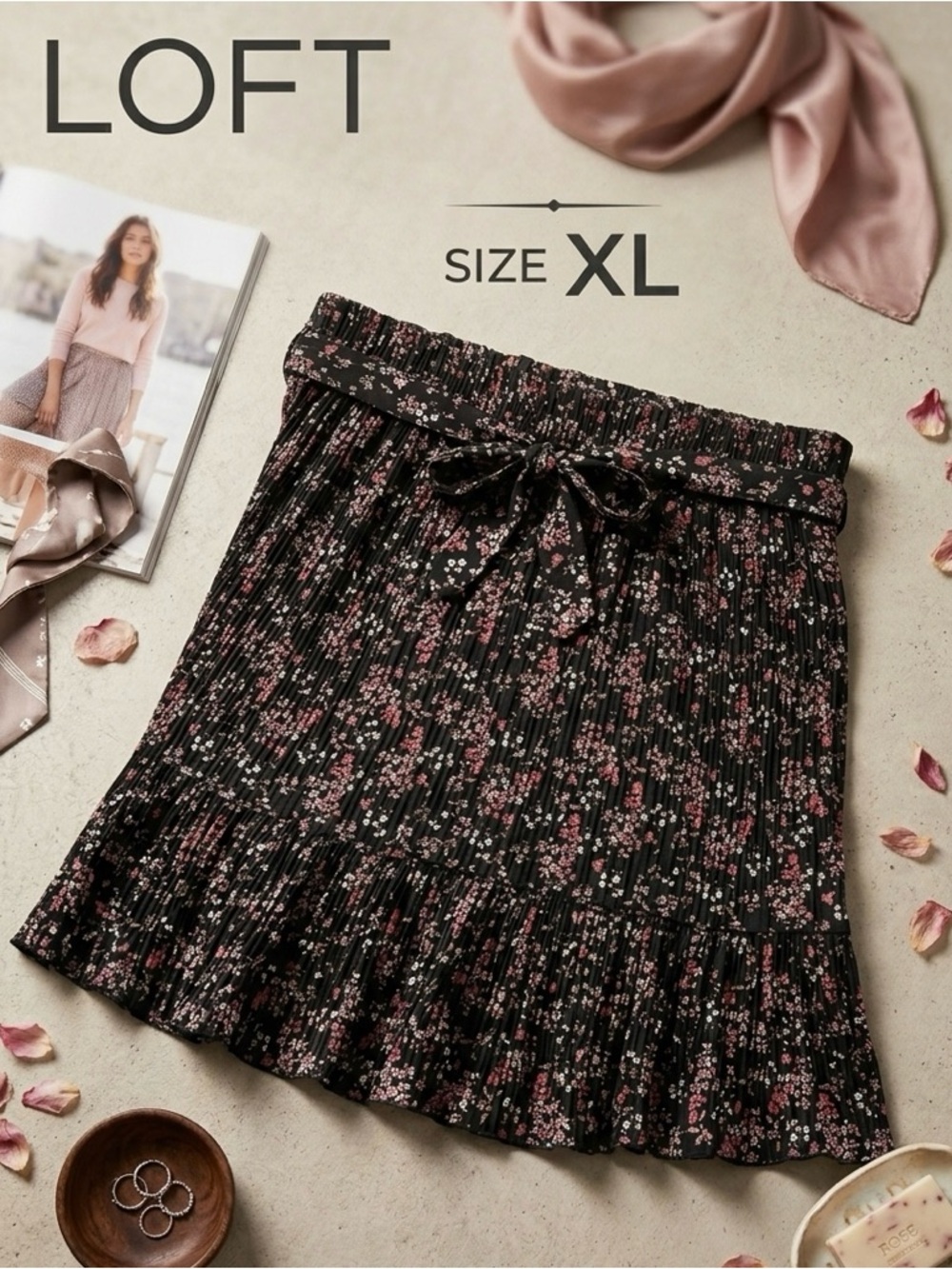 LOFT NWT! Women’s Pleated Skirt Ruffle Mini Floral A-Line Elastic Tie Waist XL